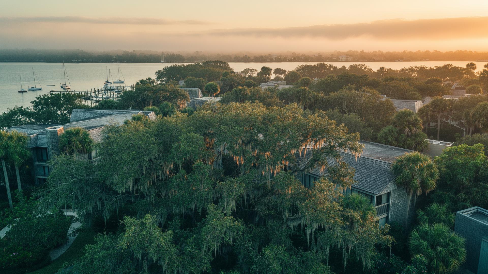 Aerial view of Pelican Cove at sunset, with sailboats in the harbor and a canopy of mature oaks.